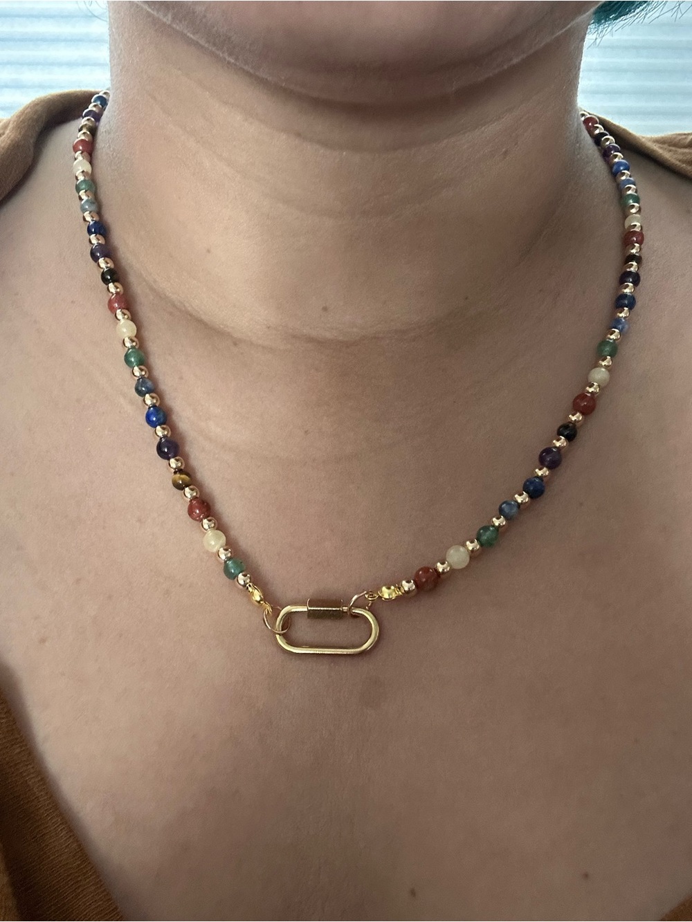 Multicolor natural gemstone Beaded Necklace with Gold Clasp